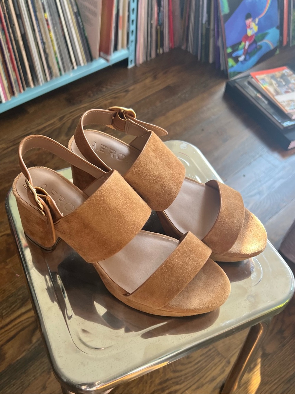 AEROSOLES Tan Suede Block Heel Sandals with Ankle Strap